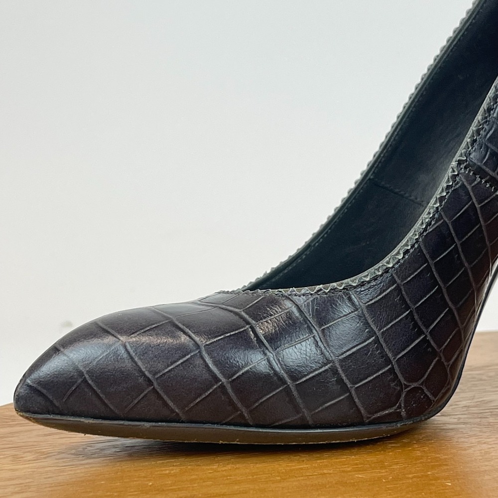 Womens YSL Saint Laurent Dark Gray Croc Print Leather Block Heels Size 36 US 6 - Picture 10 of 16